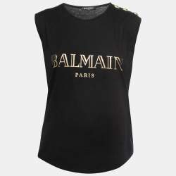 Pre Owned Balmain Black Cotton Logo Printed Sleeveless Top S