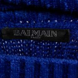 Balmain Blue Knit Button Embellished Turtleneck Sweater Dress M