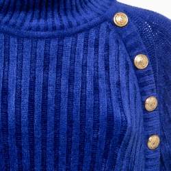 Balmain Blue Knit Button Embellished Turtleneck Sweater Dress M
