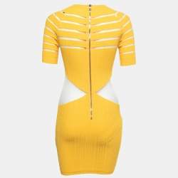 Balmain Yellow Rib Knit & Mesh Inset Short Sleeve Bodycon Dress S