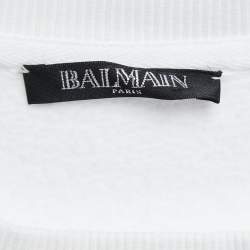 Balmain White Rib Knit Logo Print Raglan Sleeve Sweatshirt L