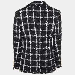 Balmain Black Checkered Fringed Boucle Open Front Blazer M