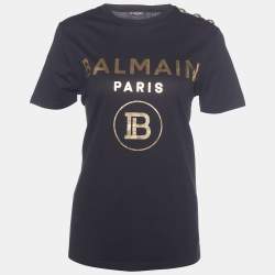 Pre Owned Balmain Black Cotton Knit Metallic Logo Print T-Shirt M