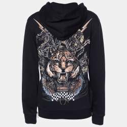 Pre Owned Balmain Black Tiger Printed Cotton Knit Hooded Sweat Jacket XS