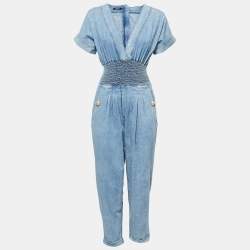 Balmain Blue Chambray Smocked Detail Jumpsuit S