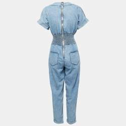 Balmain Blue Chambray Smocked Detail Jumpsuit S