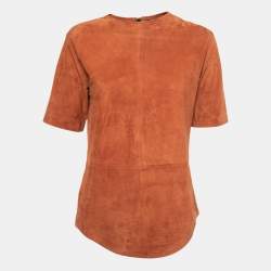 Balmain Brown Suede Short Sleeve Top M
