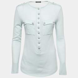 Balmain Light Blue Knit Button Down Long Sleeve Top M