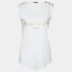 Pre Owned Balmain White Logo Printed Cotton Knit Sleeveless T-Shirt S