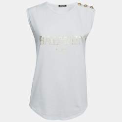 Balmain White Logo Printed Cotton Button Detailed Sleeveless T-Shirt M