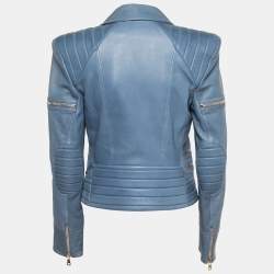 Pre Owned Balmain Blue Lambskin Leather Biker Jacket M