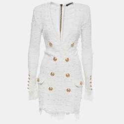 Balmain Double Breasted Fringed Tweed Blazer in White