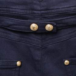 Balmain Navy Blue Denim Button Embellished High Waist Trousers M