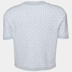 Pre Owned Balmain Light Blue Monogram Lurex Knit Cropped Cardigan M