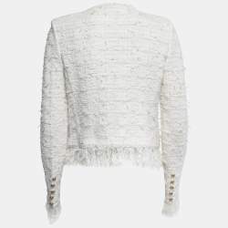 Pre Owned Balmain White Tweed & Lurex Fringed Blazer M