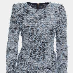 Pre Owned Balmain Blue Stretch Tweed Frayed Long Sleeve Mini Dress S