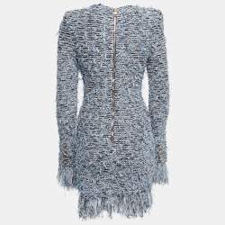 Pre Owned Balmain Blue Stretch Tweed Frayed Long Sleeve Mini Dress S
