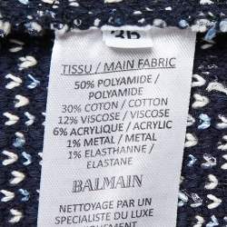 Pre Owned Balmain Blue Stretch Tweed Frayed Long Sleeve Mini Dress S