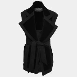 Balmain Black Cotton & Wool Open Front Belted Sleeveless Jacket M