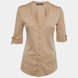 Balmain Beige Cotton Knit V-Neck Button Front T-Shirt M