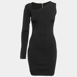 Pre Owned Balmain Black Stretch Knit One Shoulder Lace-Up Mini Dress S