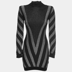 Pre Owned Balmain Black Striped Patterned Lurex Knit Mini Bodycon Dress S