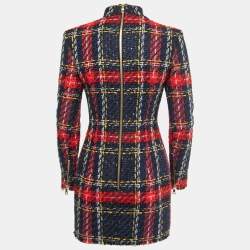 Balmain Navy Blue/Red Plaid Tweed Mini Dress S