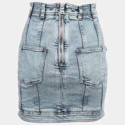 Pre Owned Balmain Blue Washed Denim Button Detail Mini Skirt S