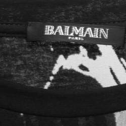 Pre Owned Balmain Black Mesh & Jersey Button Embellished Top M