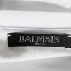 Pre Owned Balmain White Cotton Gold Logo Printed Button Detail Crewneck T Shirt S