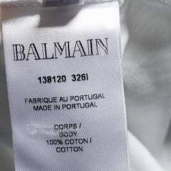 Pre Owned Balmain White Cotton Gold Logo Printed Button Detail Crewneck T Shirt S