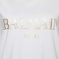 Pre Owned Balmain White Cotton Gold Logo Printed Button Detail Crewneck T Shirt S