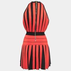 Balmain Black/Red Knit Pleated Halterneck Mini Dress S