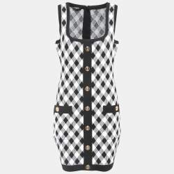 Pre Owned Balmain Black/White Diamond Patterned Knit Sleeveless Bodycon Dress XL