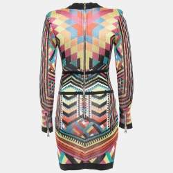 Pre Owned Balmain Multicolor Patterned Knit Deep V-Neck Bodycon Dress M