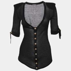 Balmain Black Knit Button Front Folded Sleeve Top S