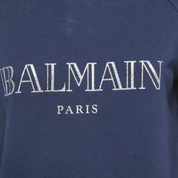 Pre Owned Balmain Navy Blue Logo Print Cotton Crew Neck Sweatshirt M