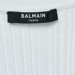 Balmain White Ribbed Knit Scoop-Neck Top S