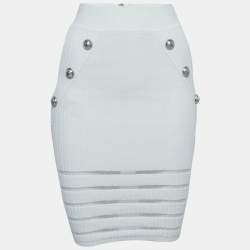 Balmain White Rib-Knit Button Embellished Skirt S