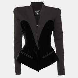 Pre Owned Balmain Black Cotton & Velvet Collarless Bustier Blazer M