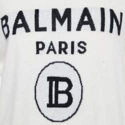 Pre Owned Balmain Off White Logo Wool & Cashmere Knit Contrast Detail Sweater M