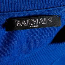 Pre Owned Balmain Blue Logo Printed Cotton Knit Sweatshirt L