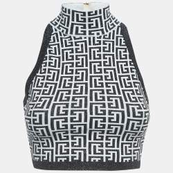 Balmain Monochrome Monogram Jacquard Knit Crop Top S