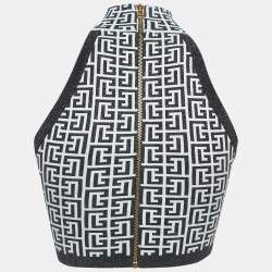 Balmain Monochrome Monogram Jacquard Knit Crop Top S