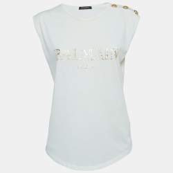 Balmain White Logo Print Distressed Cotton Button Detailed Tank Top M