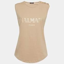 Balmain Beige Logo Print Cotton Button Detail Tank Top M