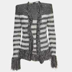 Balmain White/Silver Striped Knit Fringed Open Jacket M