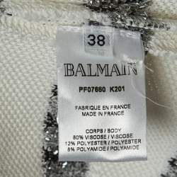 Balmain White/Silver Striped Knit Fringed Open Jacket M