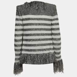 Balmain White/Silver Striped Knit Fringed Open Jacket M