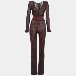 Balmain Black/Red Striped Stretch Sheer Jumpsuit S